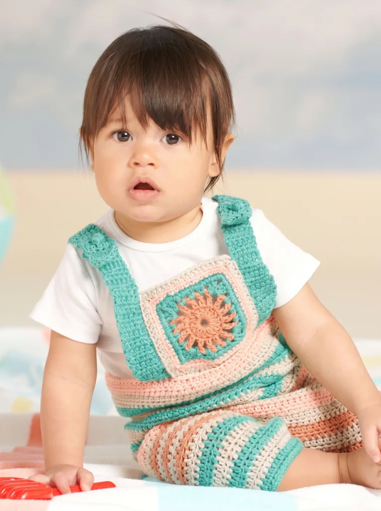 Crochet granny square playtime baby romper, Yarnspirations pattern