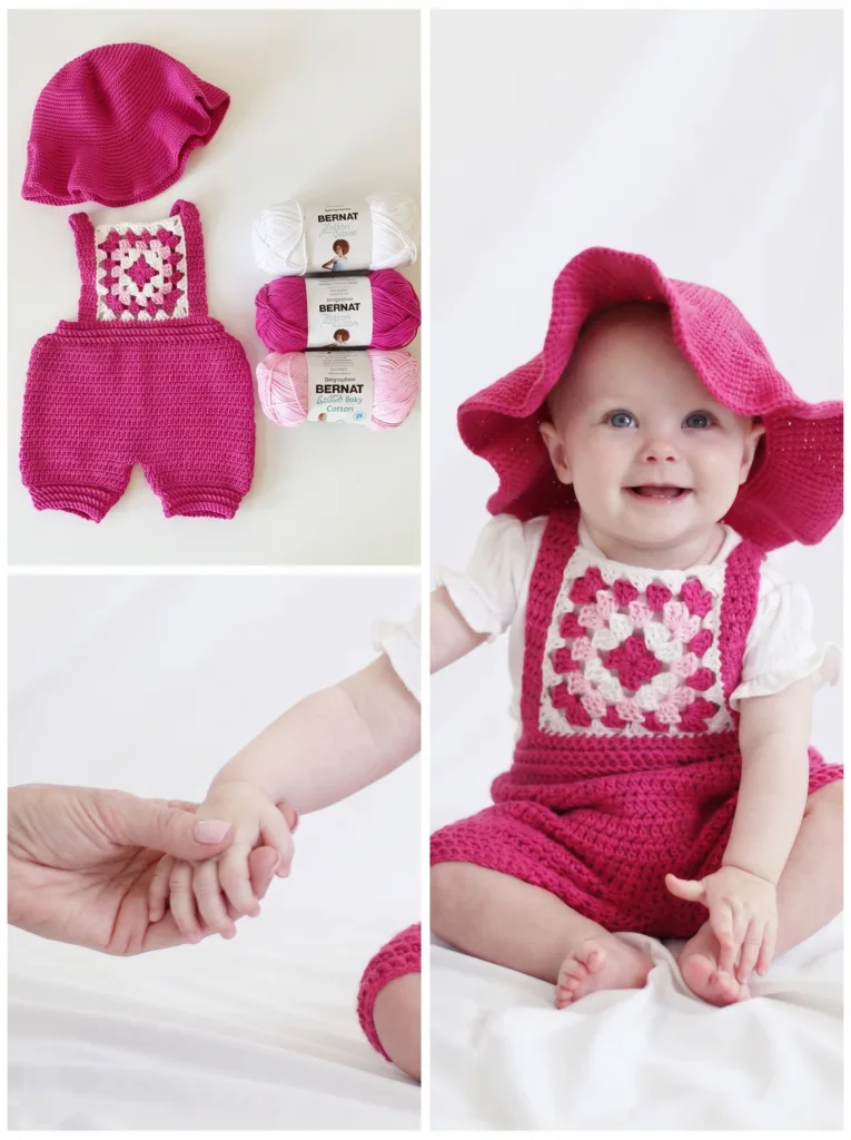 Crochet granny square romper and sun hat set, Daisy Farm Crafts pattern