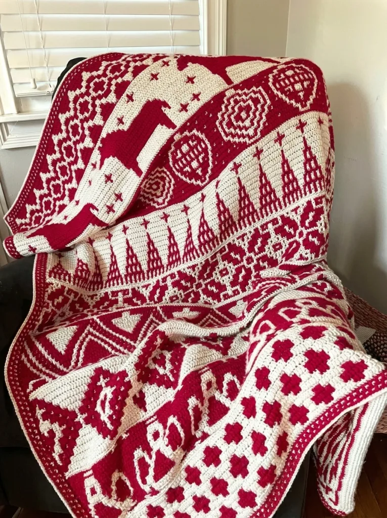 20 Free Crochet Christmas Blanket Patterns 6 Crochet mosaic Nordic winter Christmas afghan pattern