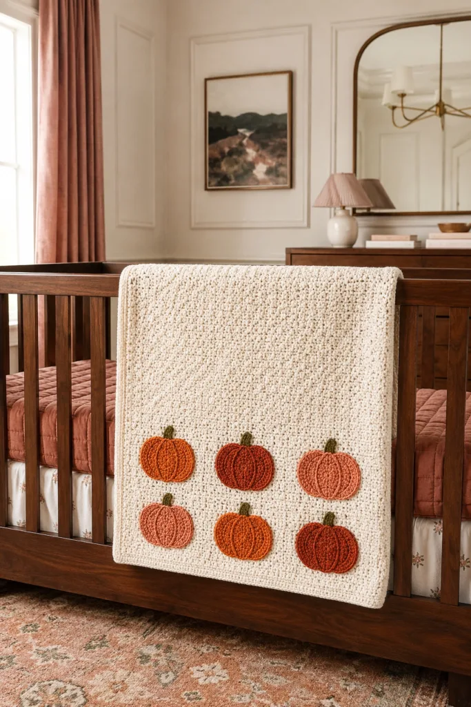 Crochet pumpkin applique baby blanket, fall pattern