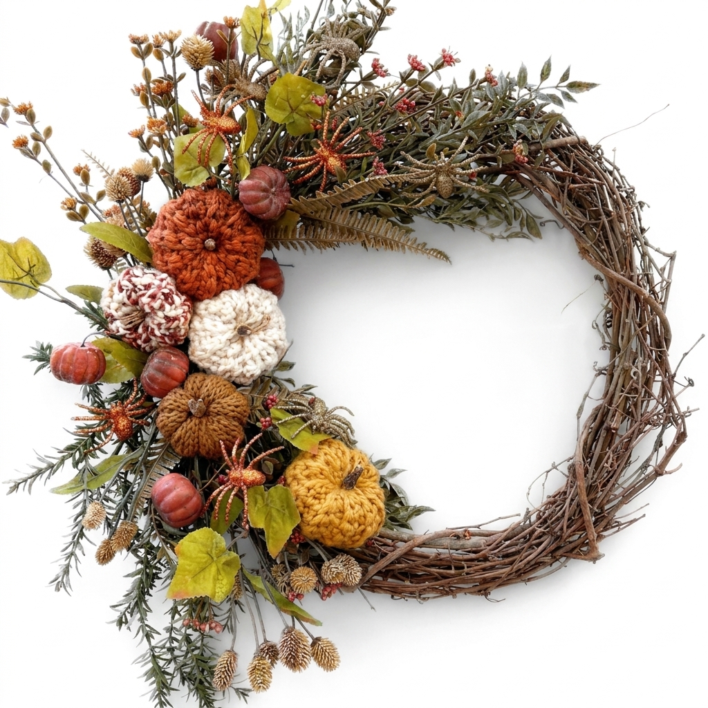 Crochet pumpkin fall wreath, grapevine Halloween pattern
