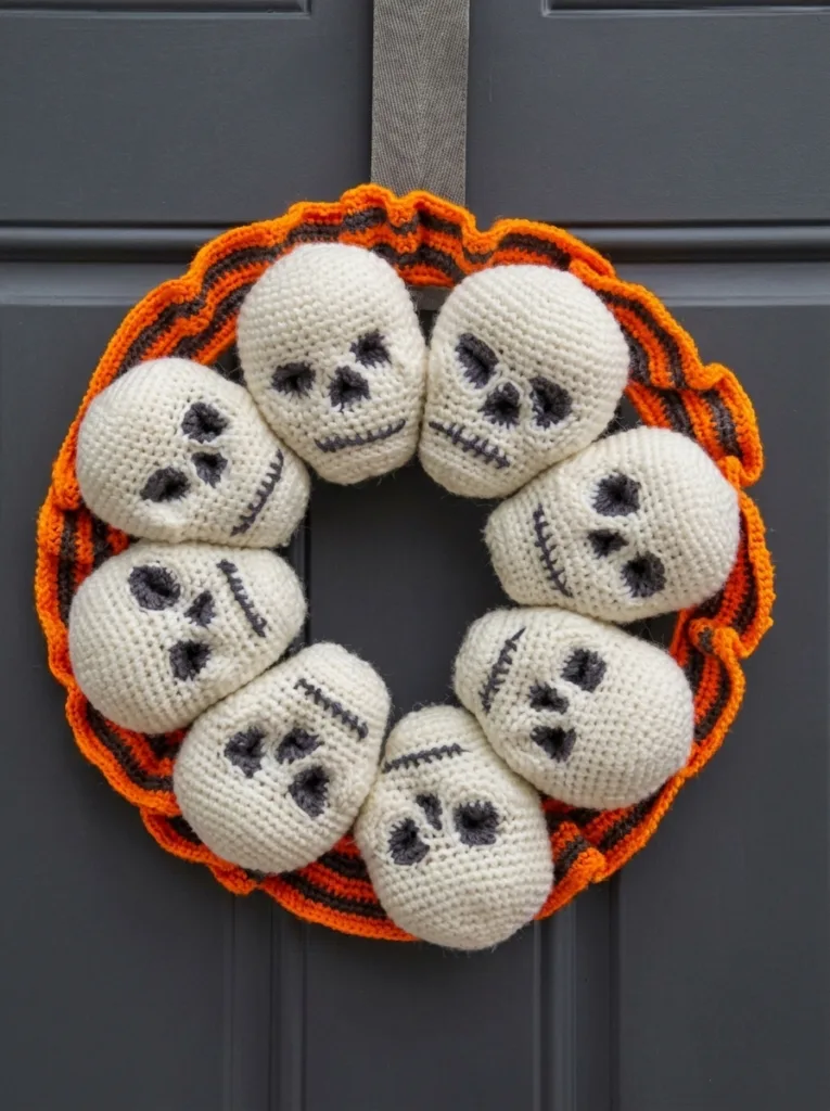 Crochet skull wreath, Halloween Red Heart pattern