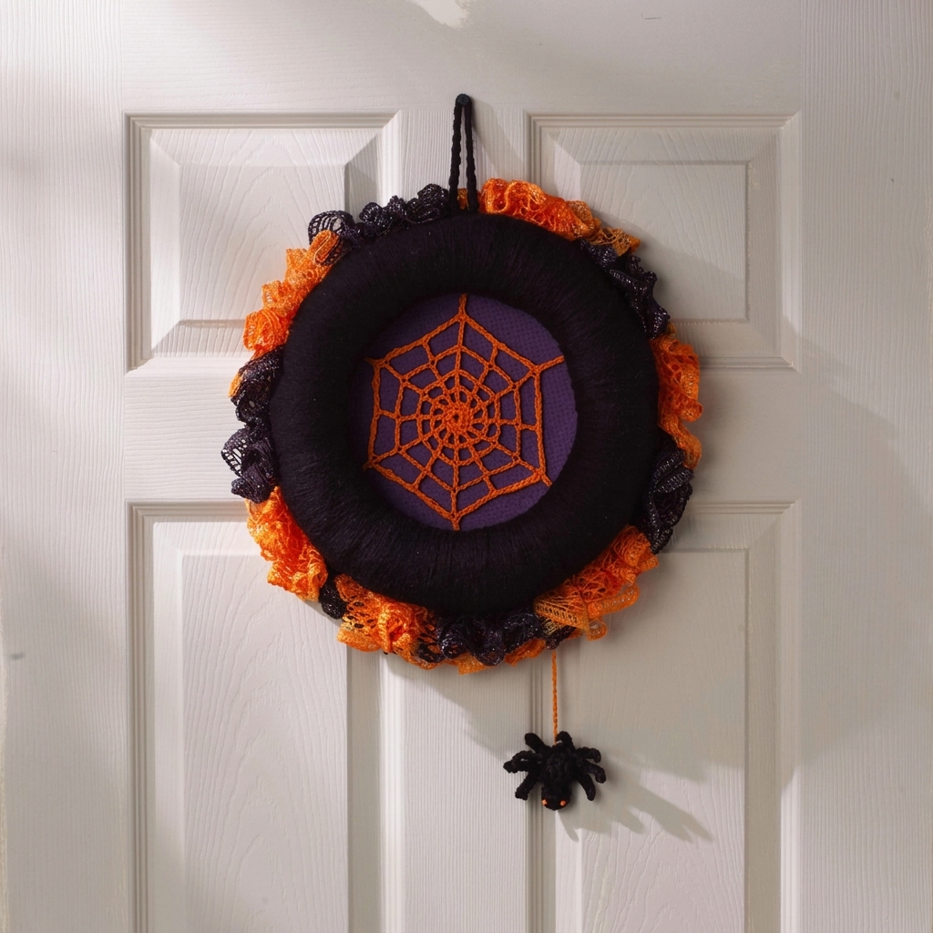 Crochet spiderweb Halloween wreath, orange purple pattern