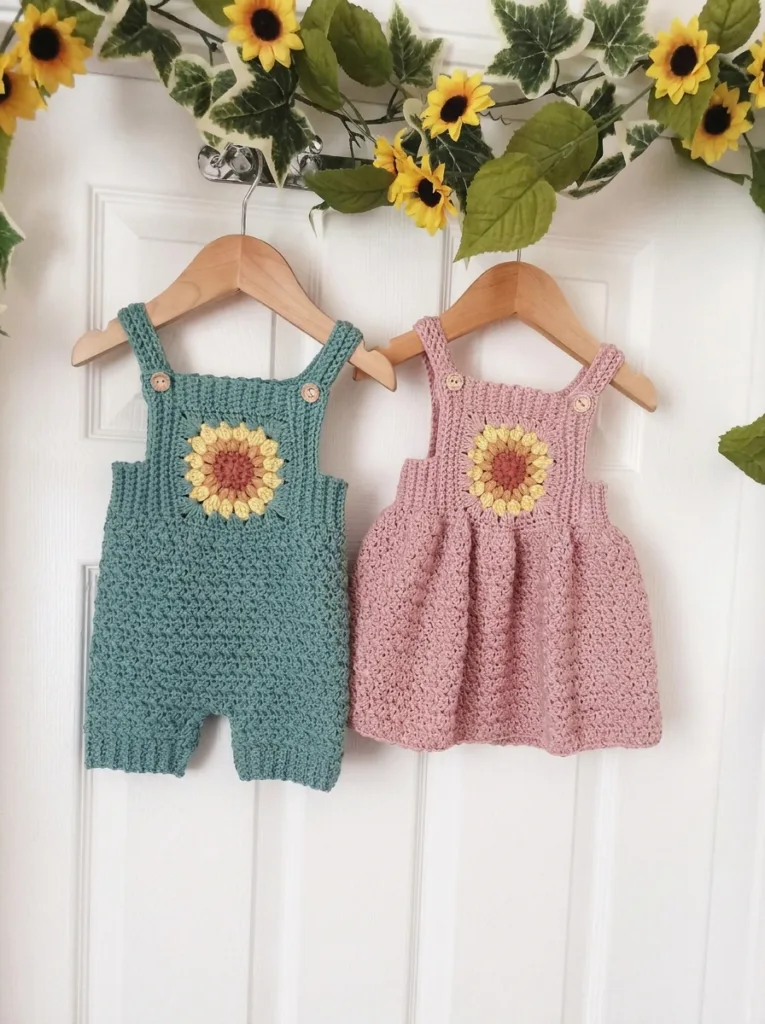 Crochet sunflower and granny square baby overalls pattern
