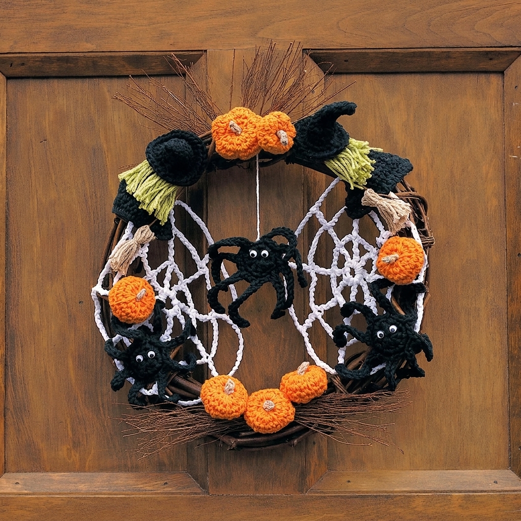 Crochet trick or treat Halloween wreath, multi-motif pattern