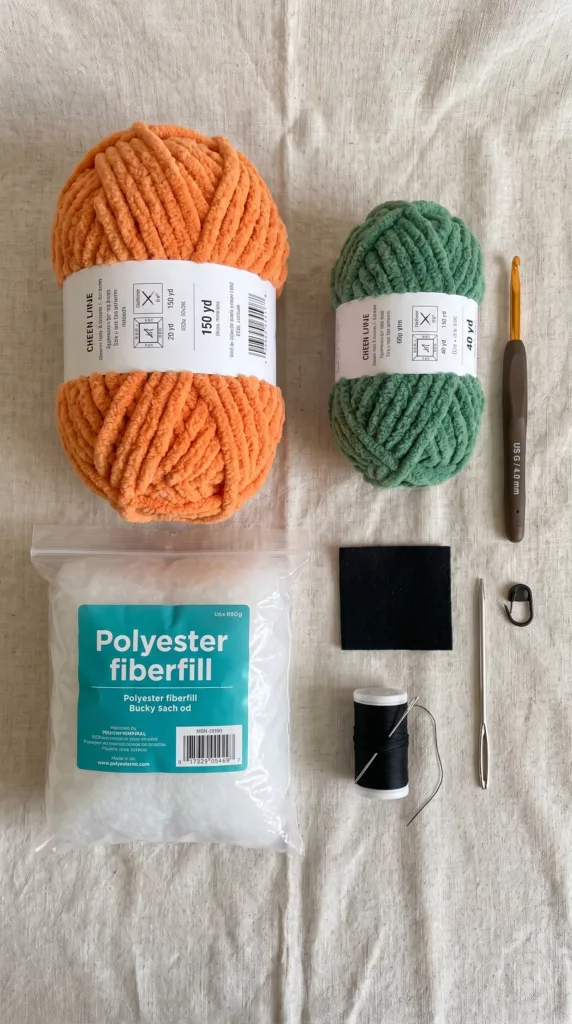 Free Crochet Pumpkin Dragon Pattern (Amigurumi Halloween Dragon) 1 Crochet Pumpkin Dragon materials bulky orange and green chenille yarn, G hook, black felt, and stuffing